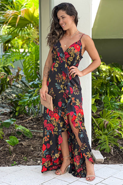 Black Floral Satin Ruffled Dress | Maxi Dresses Saved by the Dress Black Floral Satin Ruffled Dress | Maxi Dresses Saved by the Dress