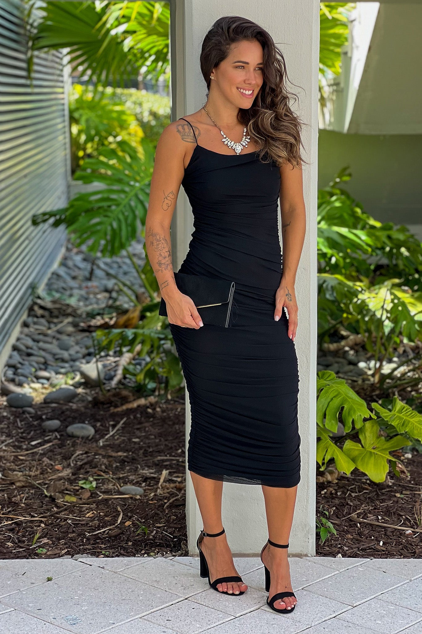 Black Ruched Midi Dress With Zipper Detail | Maxi Dresses Saved by the Dress Black Ruched Midi Dress With Zipper Detail | Maxi Dresses Saved by the Dress