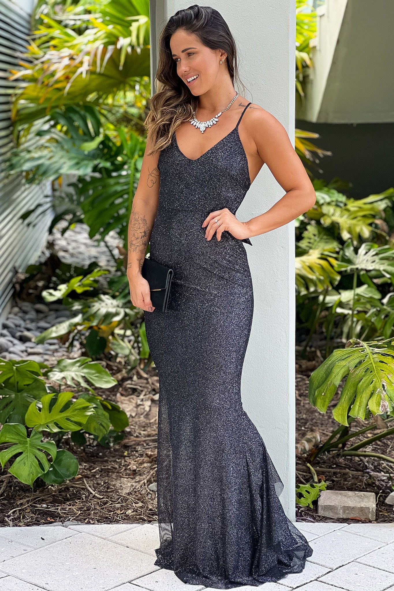 Maxi Dress Dark Grey Sparkly Dress Black Glitter Maxi Dress With Bow Ruffle Details Maxi Dresses Maxi Dress Dark Grey Sparkly Dress Black Glitter Maxi Dress With Bow Ruffle Details Maxi Dresses
