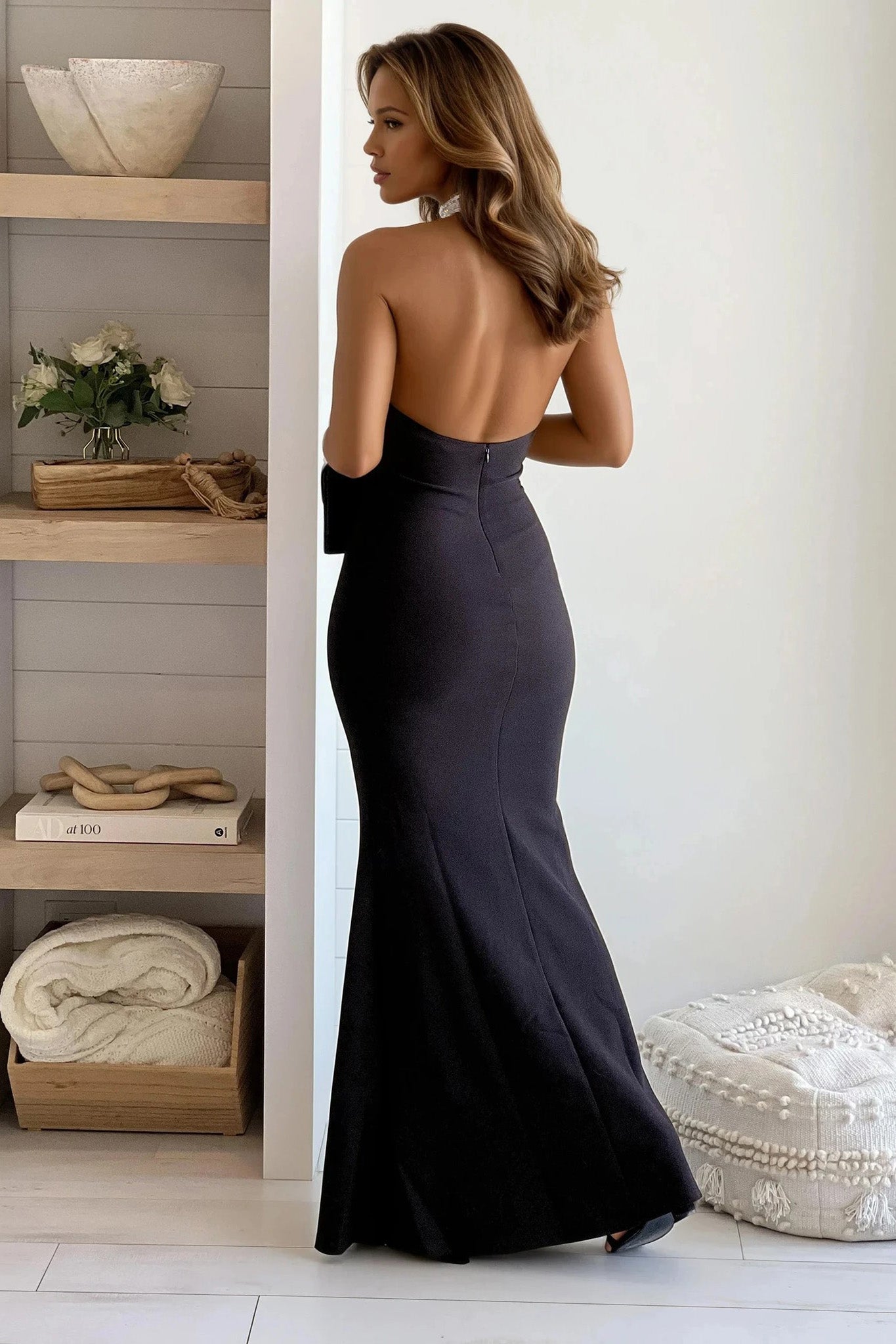 black halter backless maxi dress