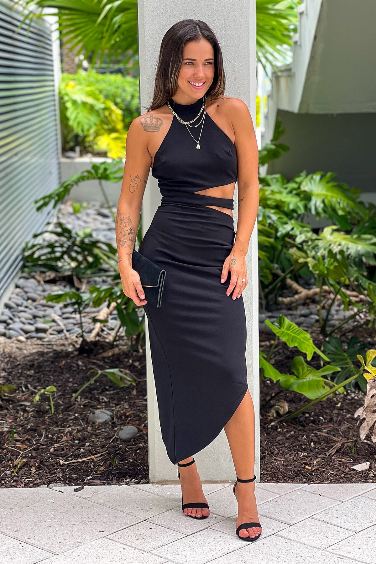 halter asymmetrical dress New Guinea Ruched Midi Side zip closure Black Halter Neck Asymmetrical Dress
