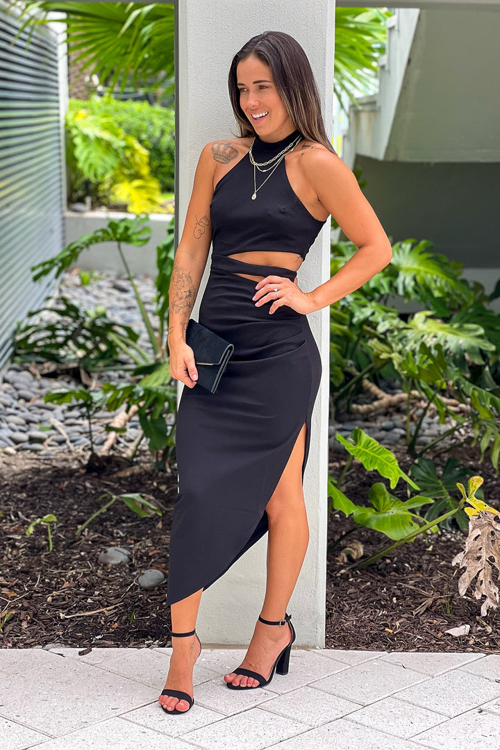 Black Halter Neck Asymmetrical Dress With Cut Out | Maxi Dresses Saved by the Dress Black Halter Neck Asymmetrical Dress With Cut Out | Maxi Dresses Saved by the Dress