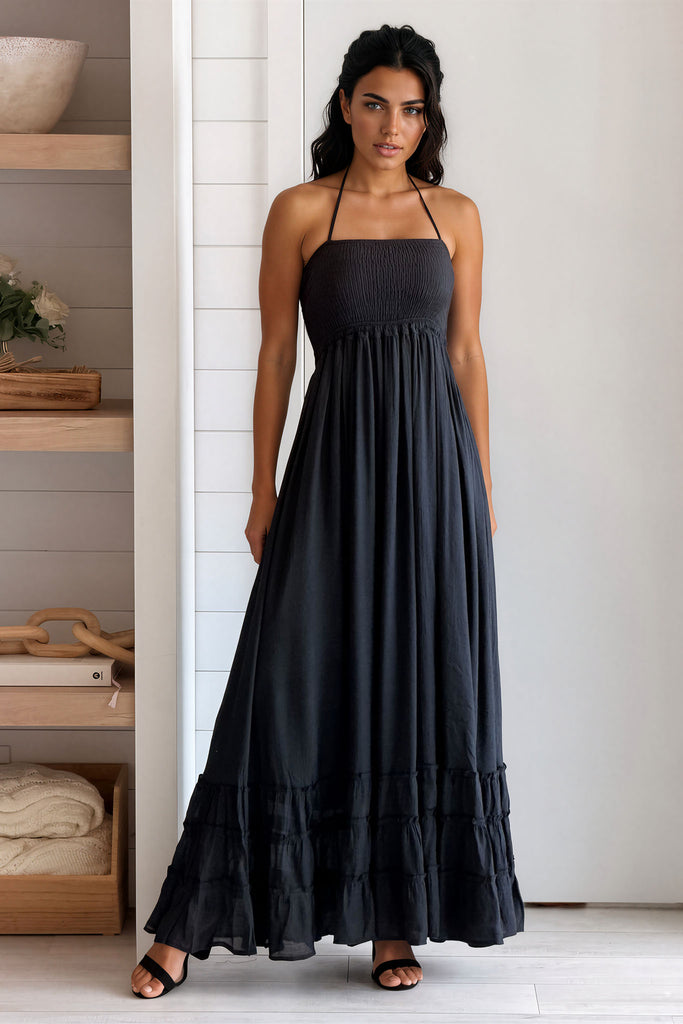 hadley smocked maxi dress Black Halter Mom & Daughter Matching 54 from top of 4 ways to wear Color:Calico Hand Dye