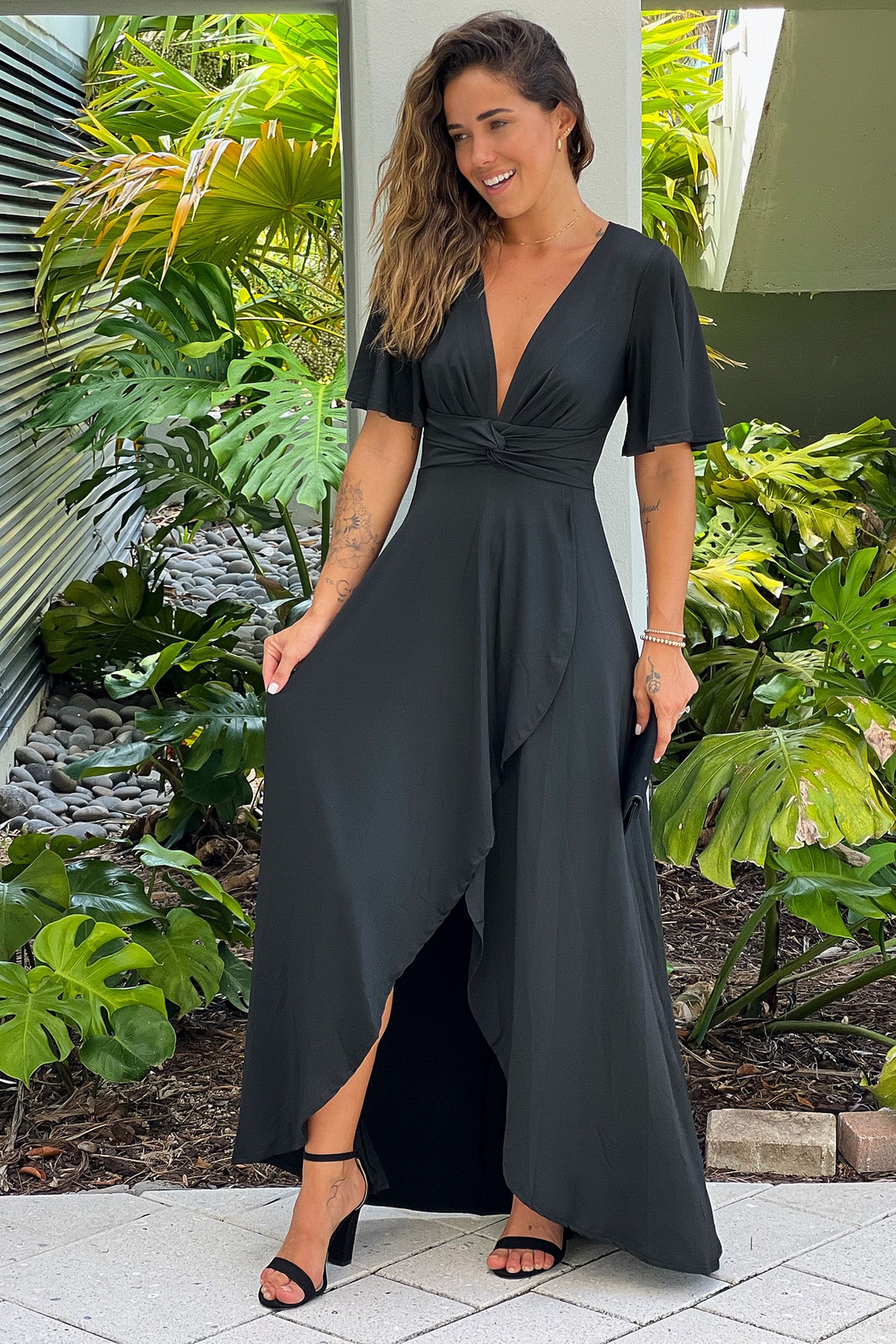Black High Low Twist Dress With Short Sleeves