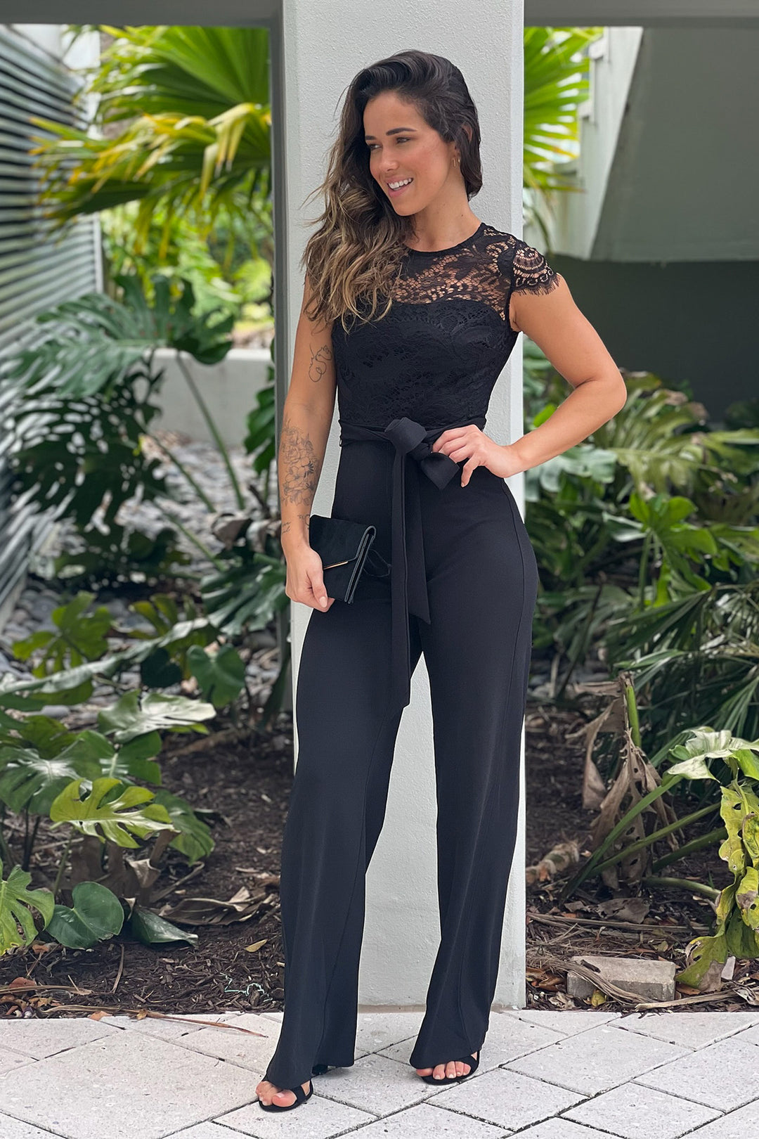 Black Lace Top Jumpsuit With Belt Jumpsuits Saved by the Dress