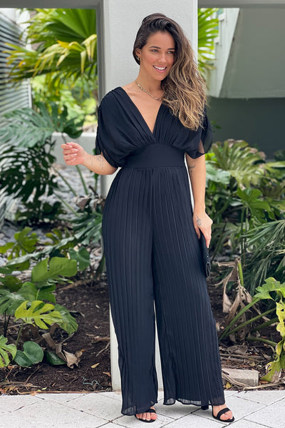pleated shirt style jumpsuit dress High Neck Pleated Jumpsuit with Floral Belt - Caliente Red