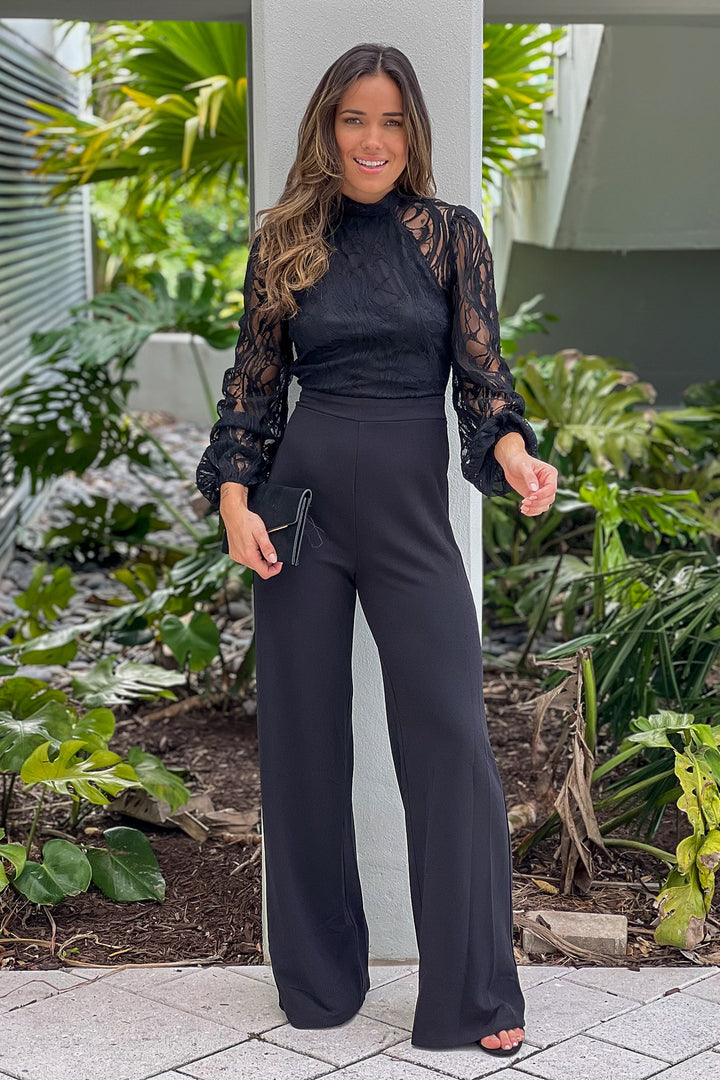 Black Jumpsuit With Lace Top And Open Back | Cute Jumpsuits