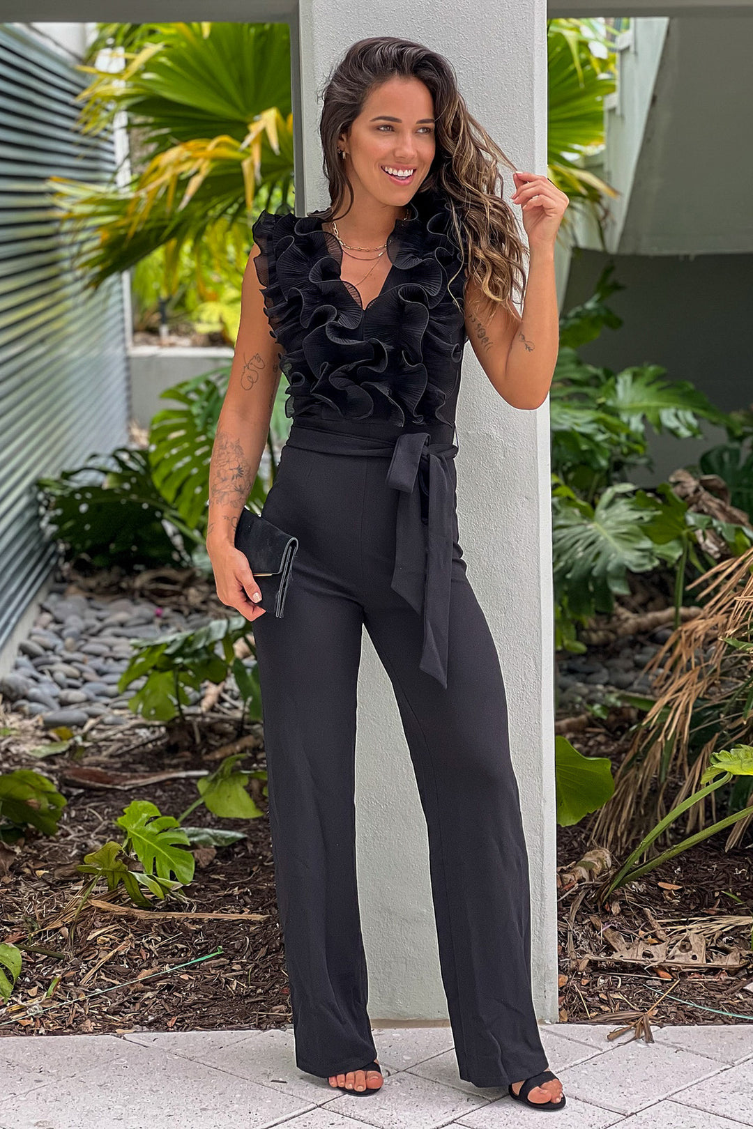 Curensology Cotton Ruffle Jumpsuit ブラック Black Jumpsuit With Ruffle Top | Jumpsuits – Saved by the Dress