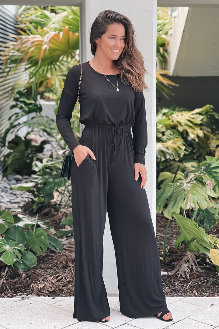 long sleeve jumpsuit dress Black Long Sleeve Jumpsuit with Front Tie