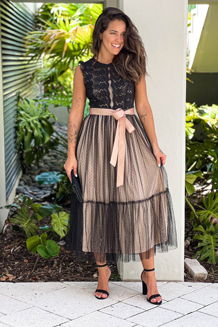 black lace dress belt Black Coast PU Lace Midi Dress With Belt