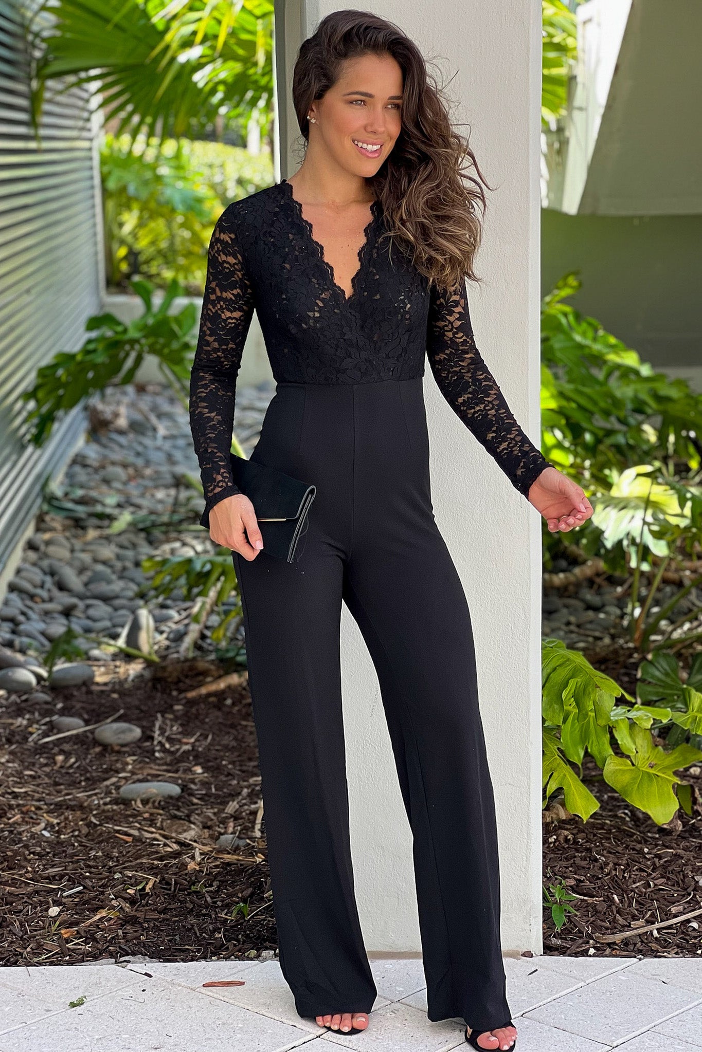 Black Lace Top Long Sleeves Jumpsuit