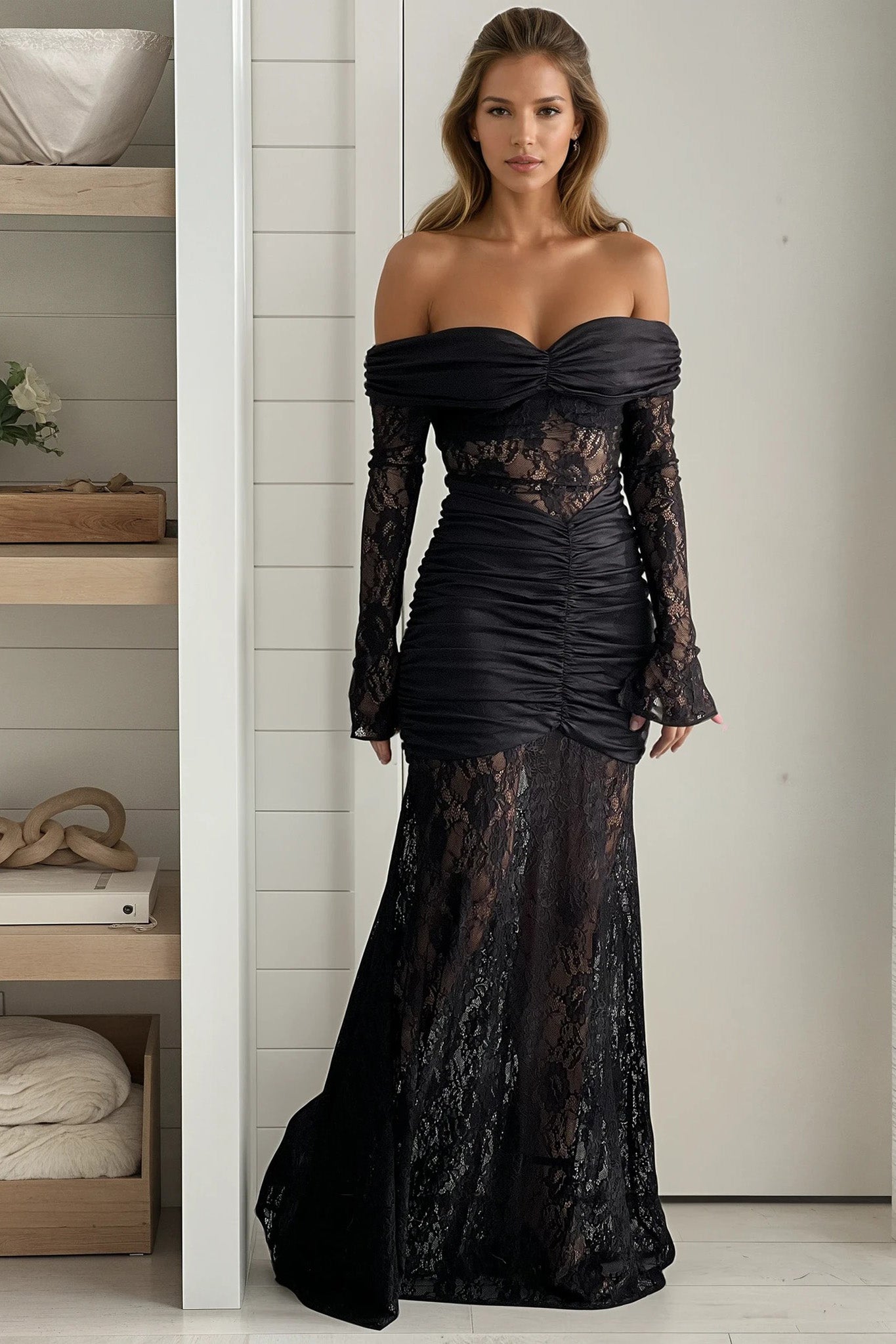 fitted lace wedding dress Black Lace Maxi Ruffle Dress