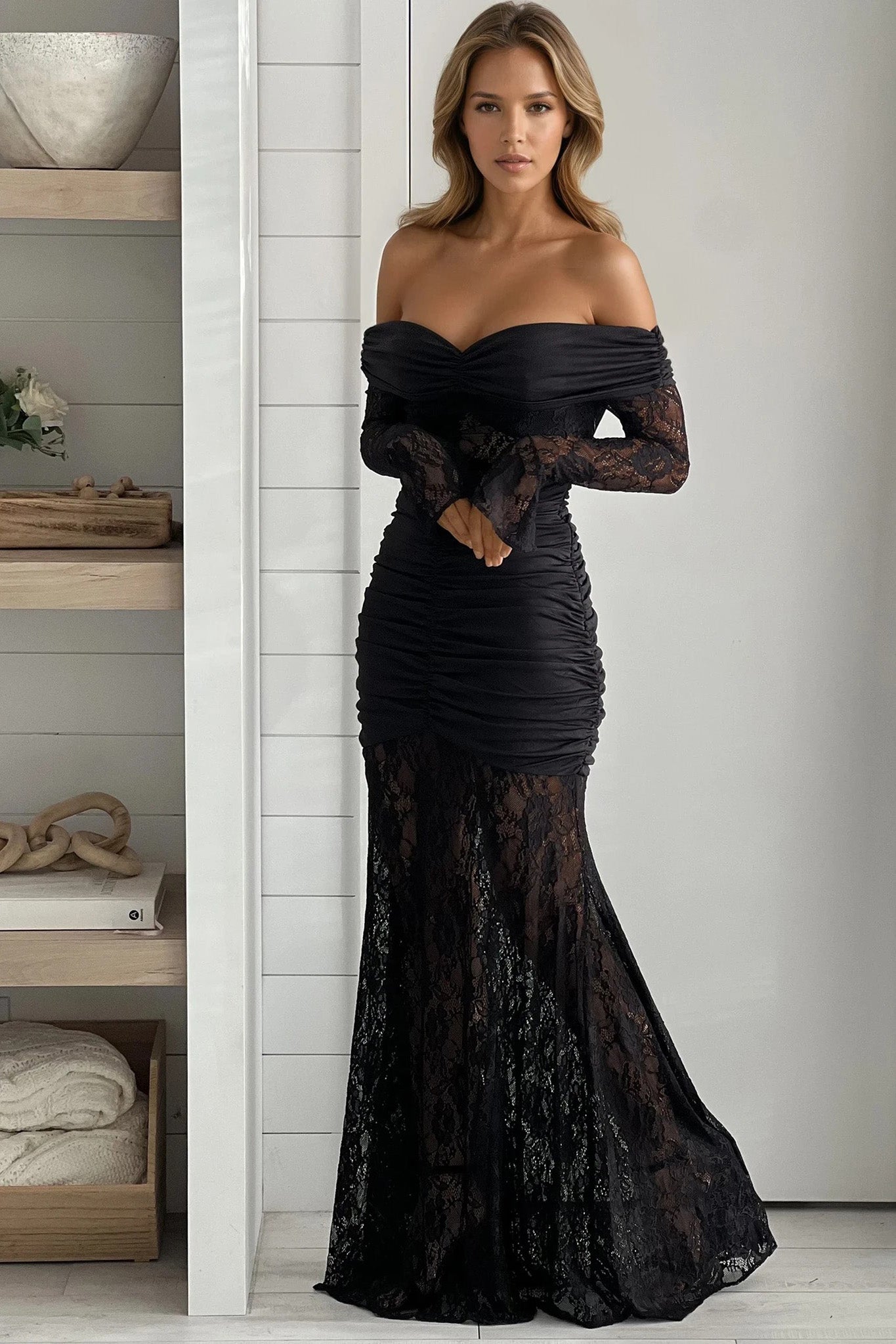Black Lace Maxi Ruffle Dress