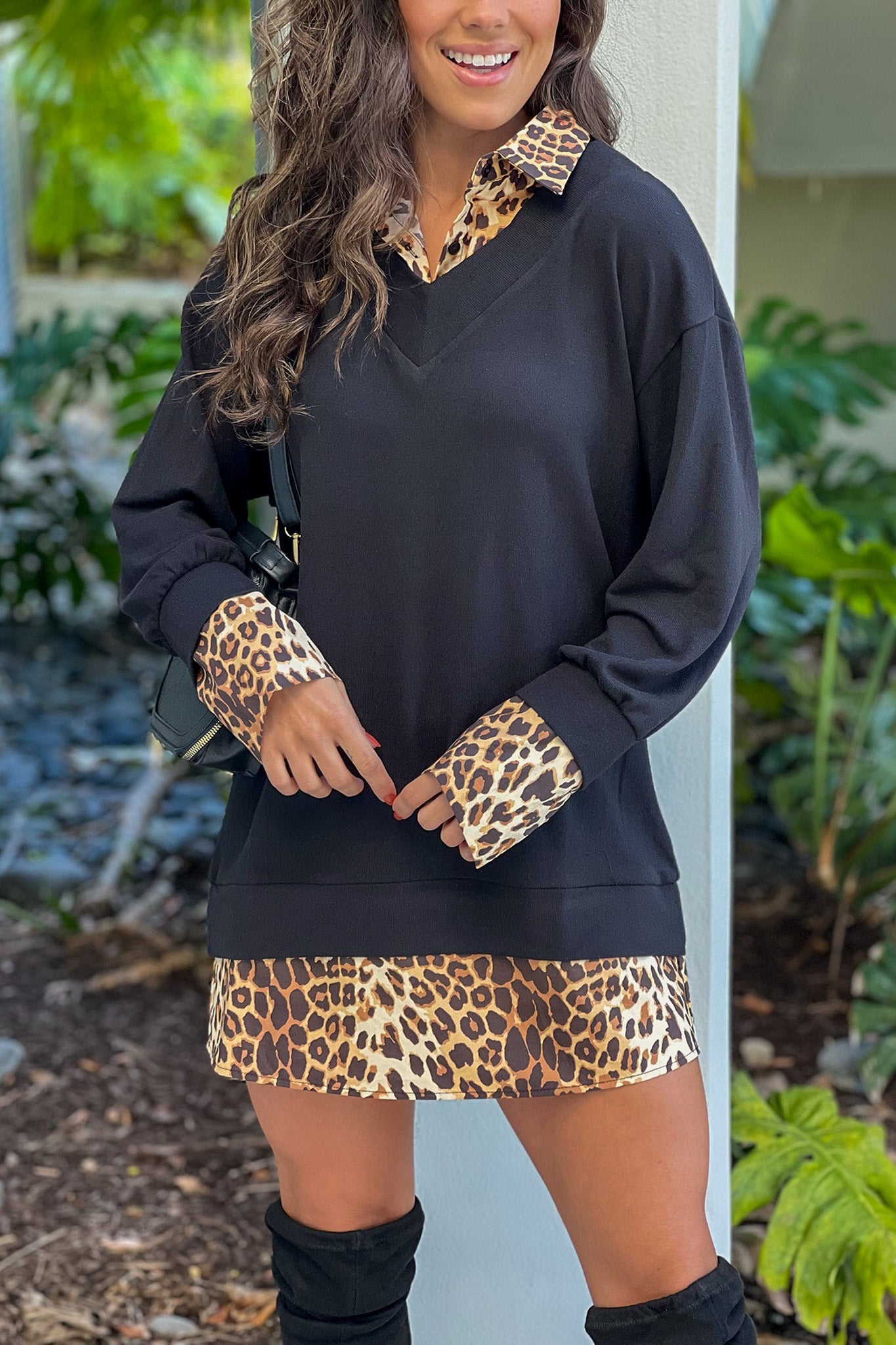 black leopard knit dress with long sleeves