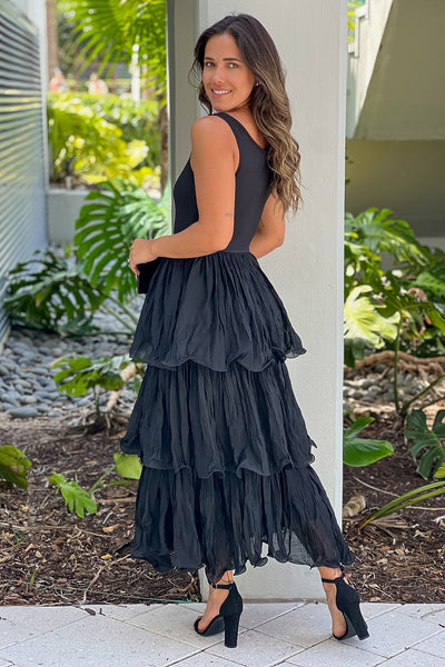 black long dress with tiered skirt