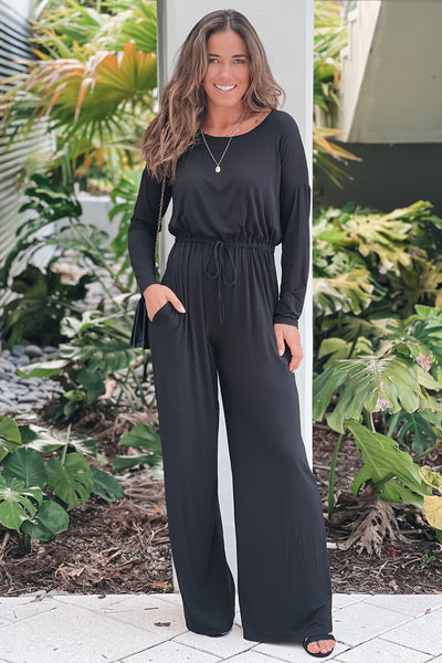 black long sleeve jumpsuit with front tie