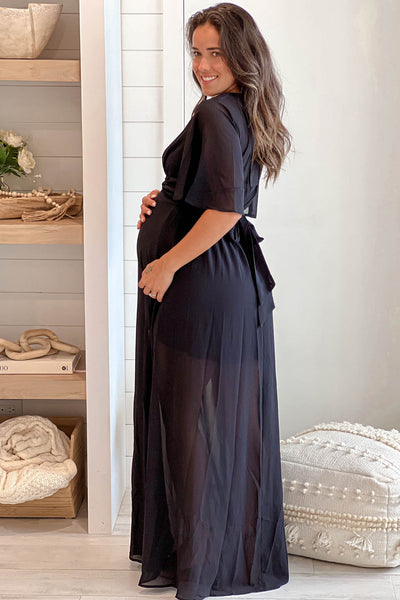 black maternity maxi dress with tie back