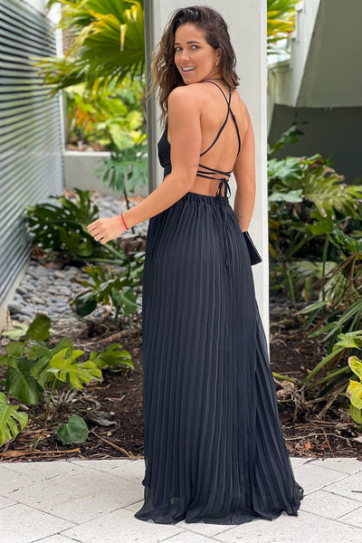 black maxi dress with criss cross back