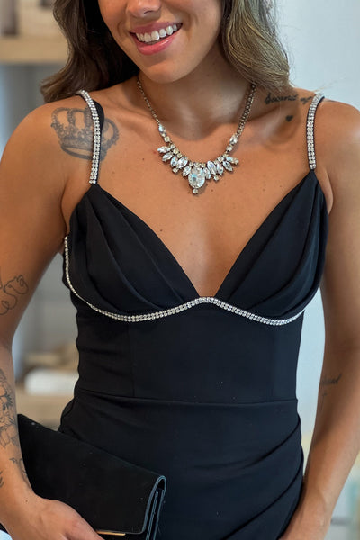 black maxi dress with rhinestone detail