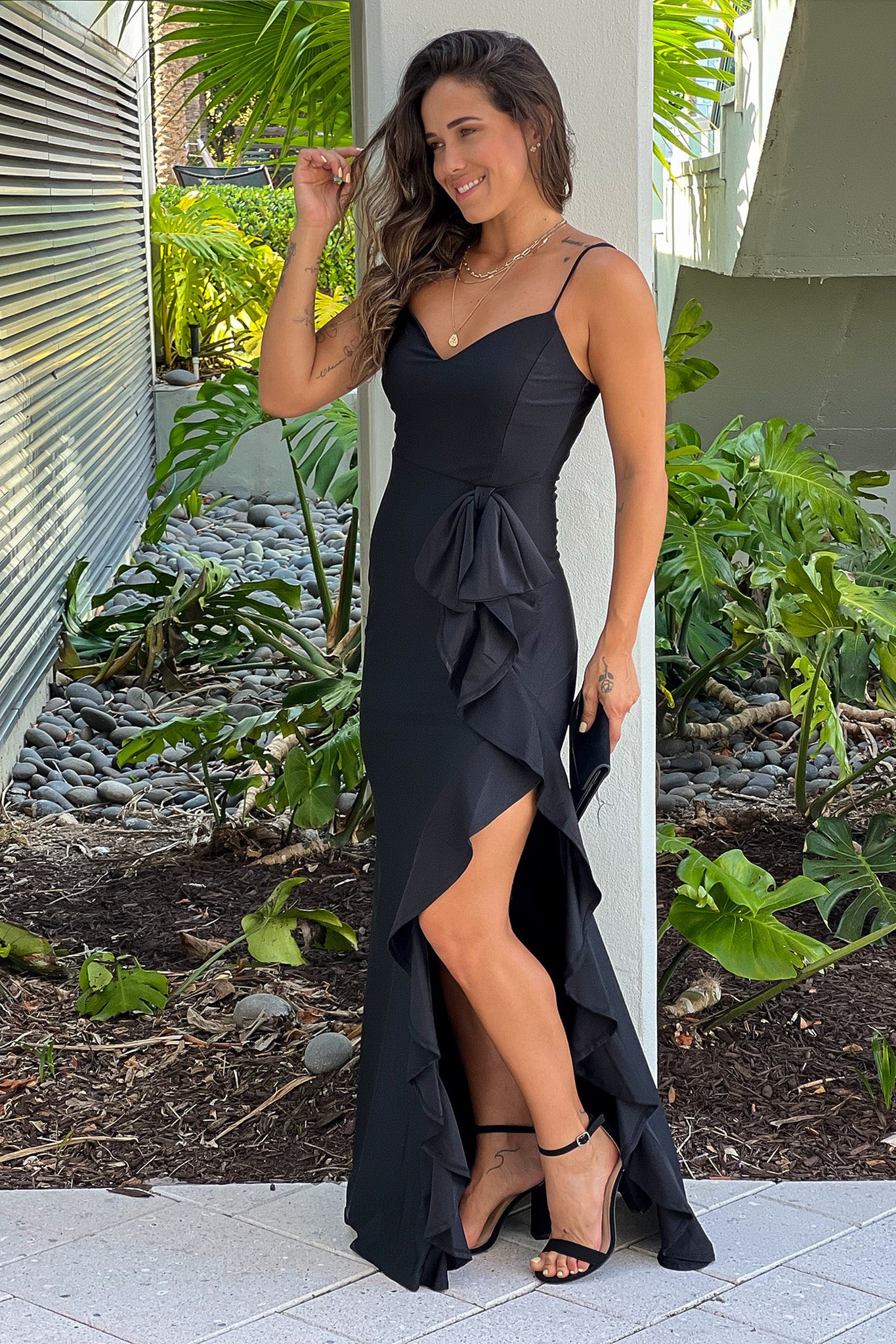 black maxi dress with ruffle slit