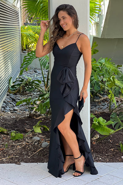 black maxi dress with ruffle slit