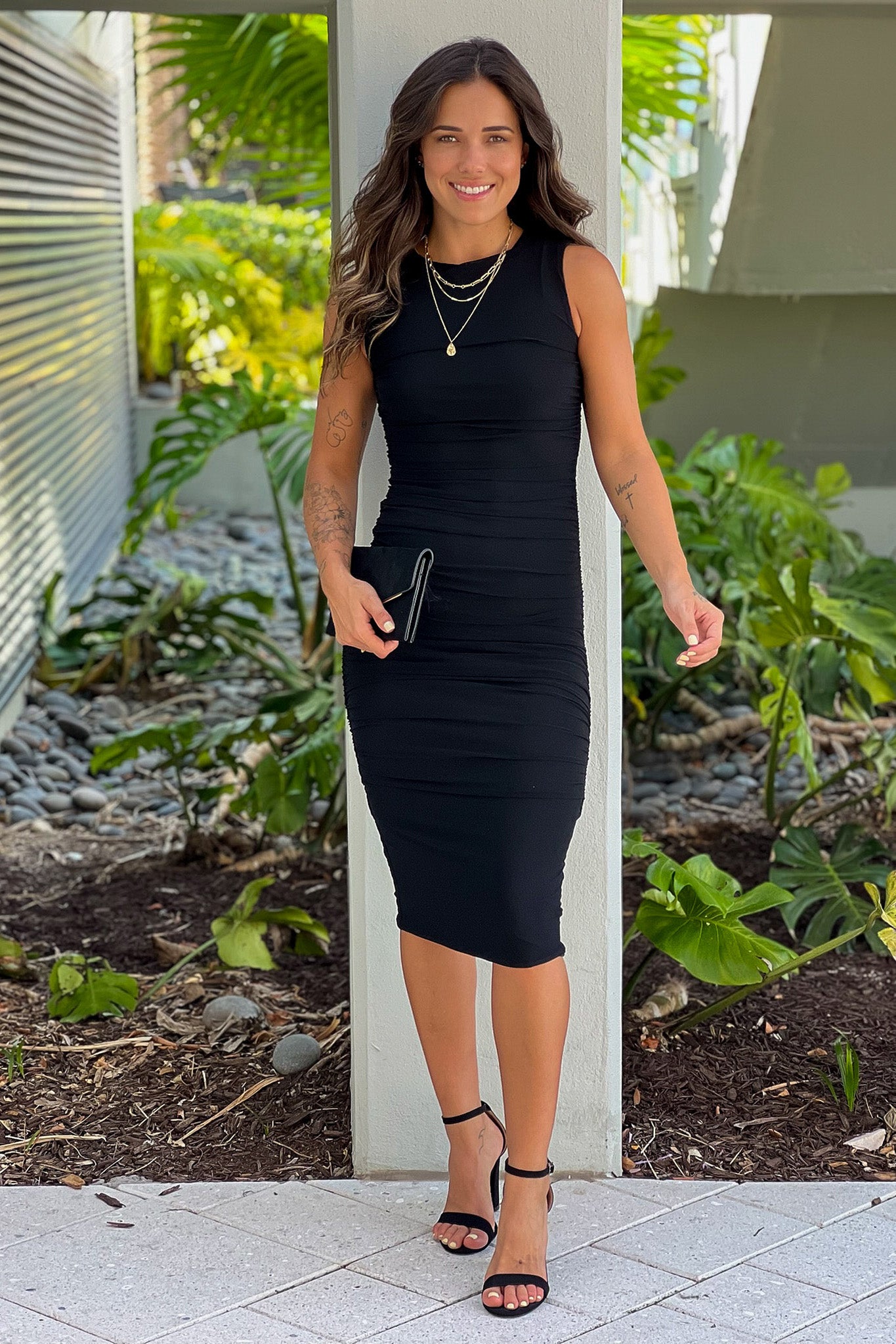 black mesh ruched midi dress