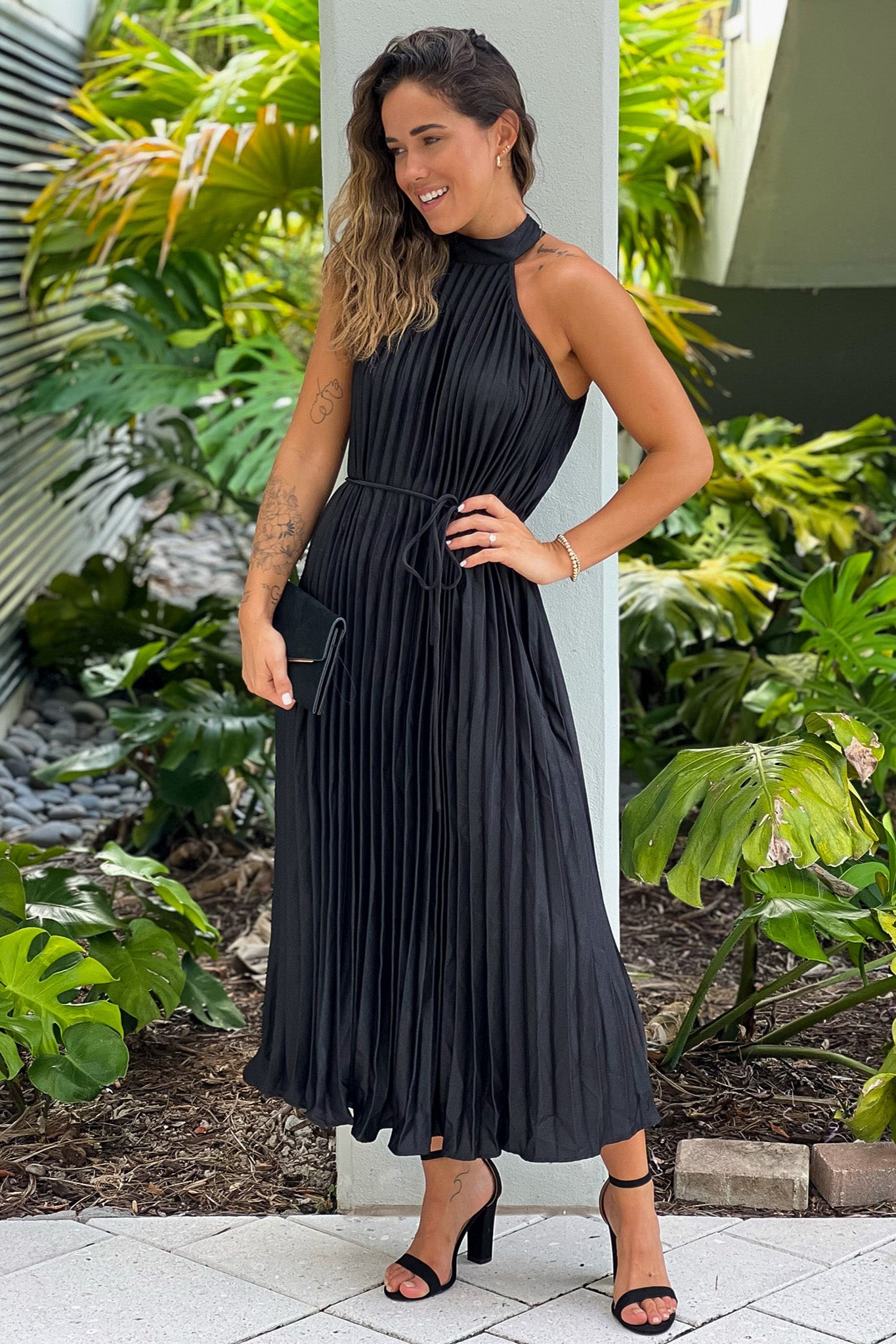 Black Pleated Midi Dress