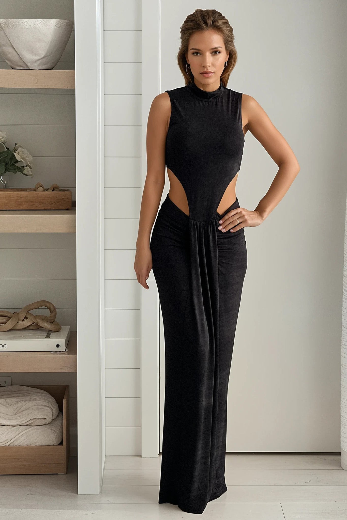 Black Waist Cut Out Mock Neck Maxi Dress