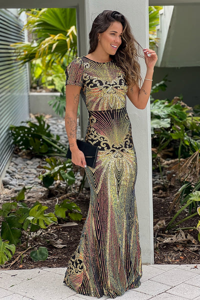 black multi color sequin maxi dress with sleeves