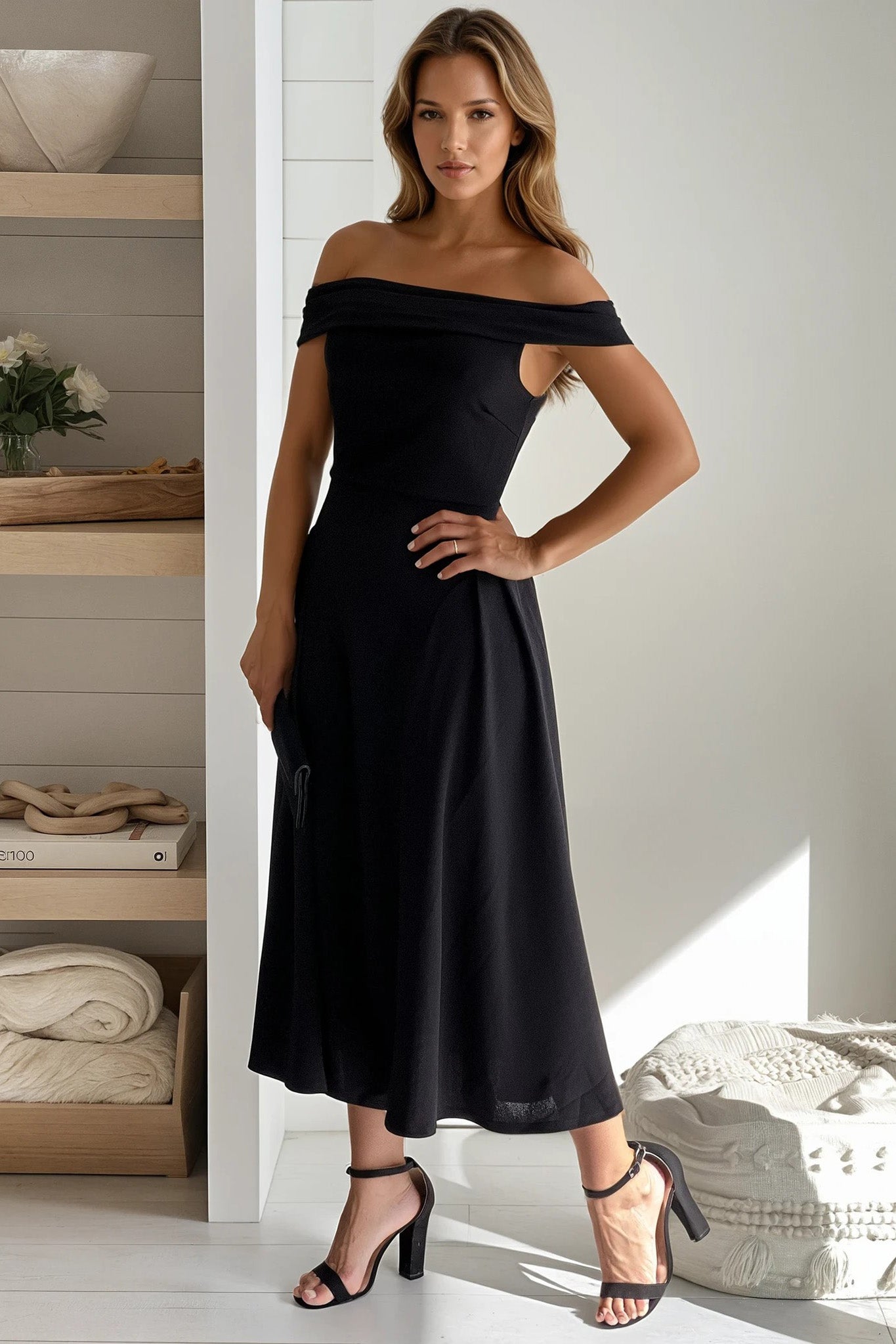 black off shoulder flare midi dress