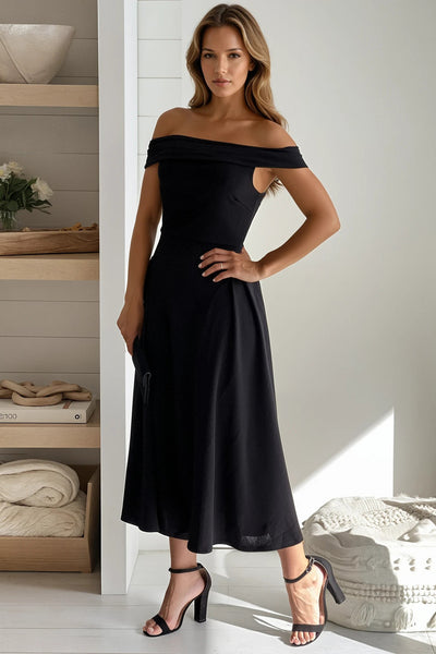 black off shoulder flare midi dress