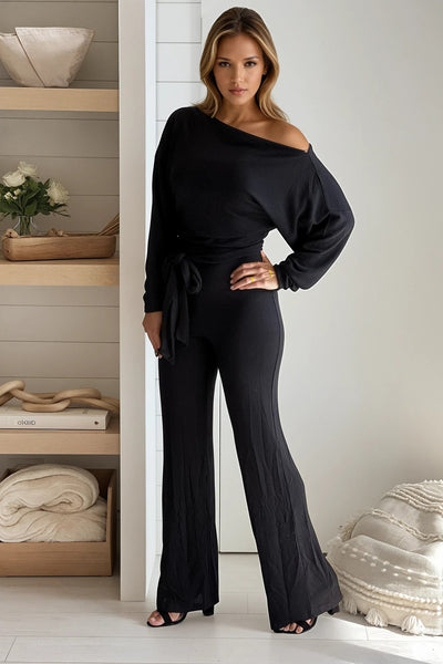 black off shoulder knit jumpsuit