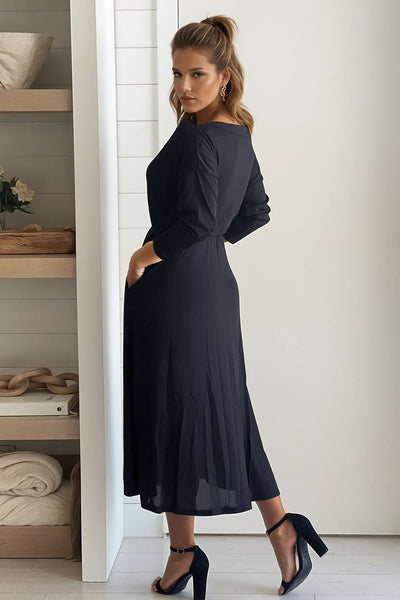 black off shoulder knit midi dress with pockets