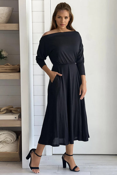 black off shoulder knit midi dress with slit