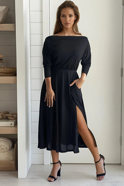 black off shoulder knit midi dress