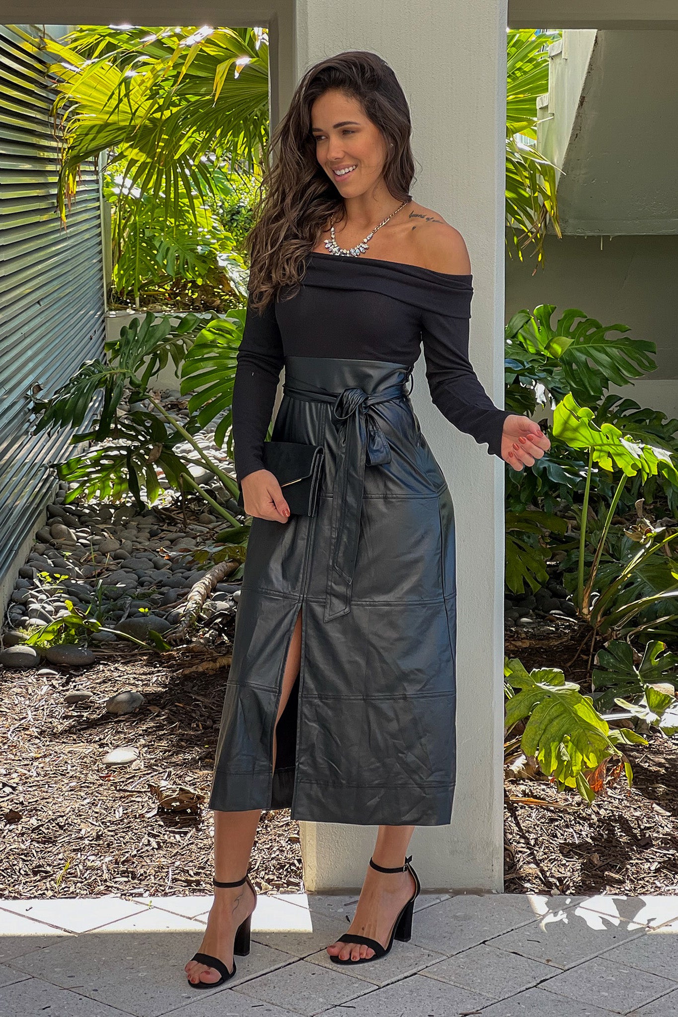 black off shoulder maxi dress with faux leather