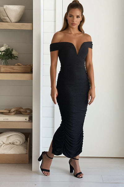 black off shoulder midi dress