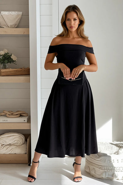 black off shoulder pleated flare midi dress