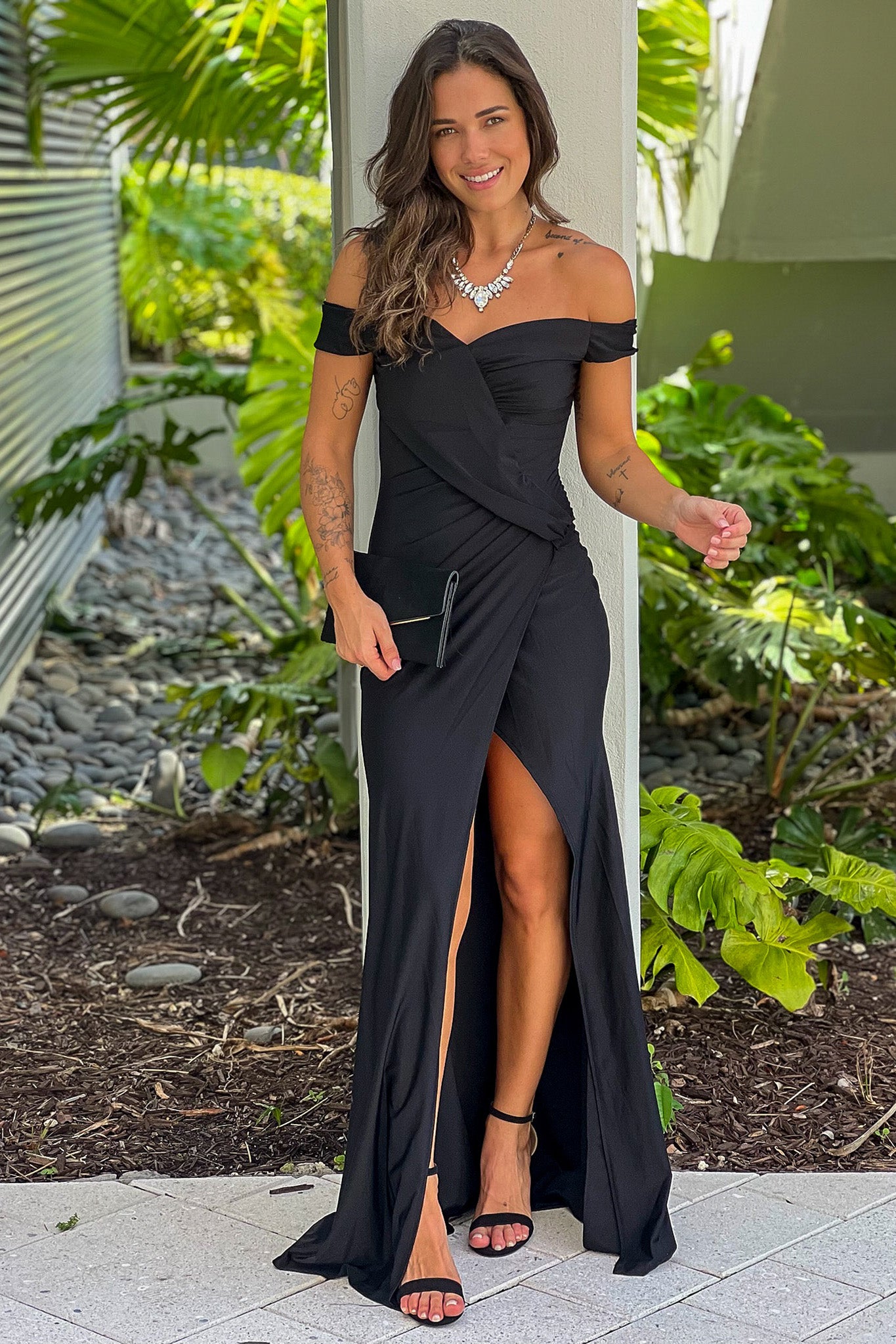 black off shoulder ruched maxi dress with slit