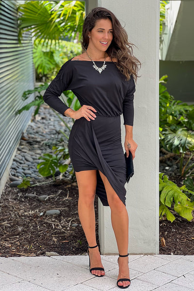 black one shoulder asymmetrical ruched dress