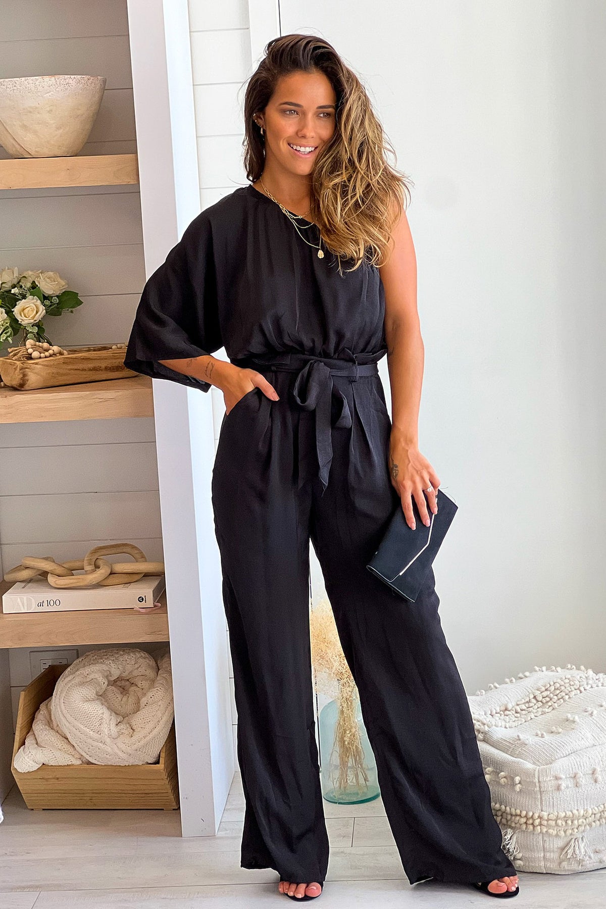 Black One Shoulder Satin Jumpsuit | Jumpsuits – Saved by the Dress