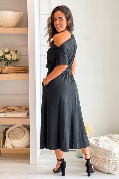 black one shoulder midi dress with pockets