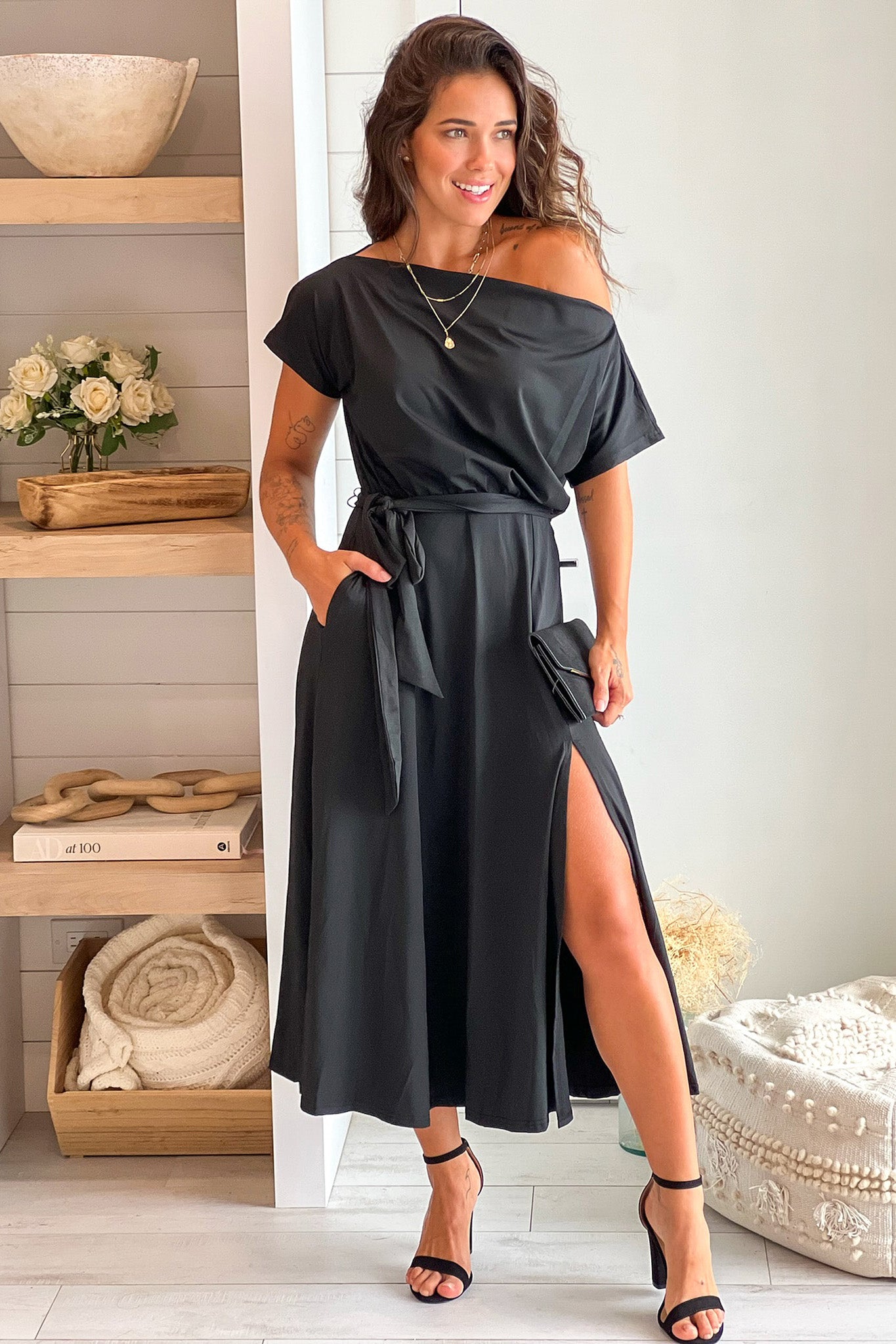 black one shoulder midi dress with tie waist