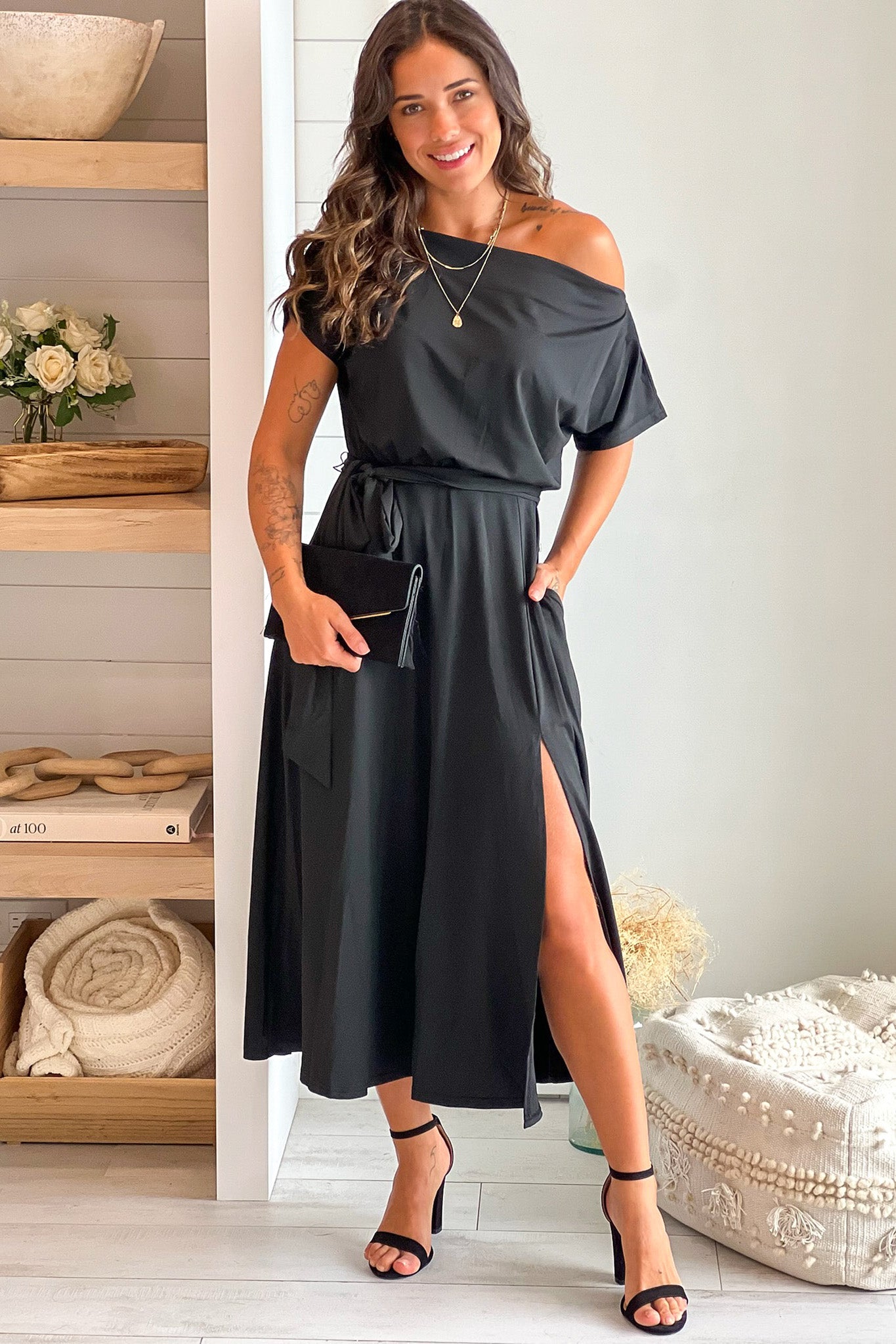 black one shoulder midi dress