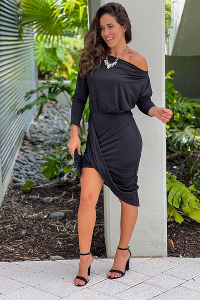 black one shoulder ruched dress