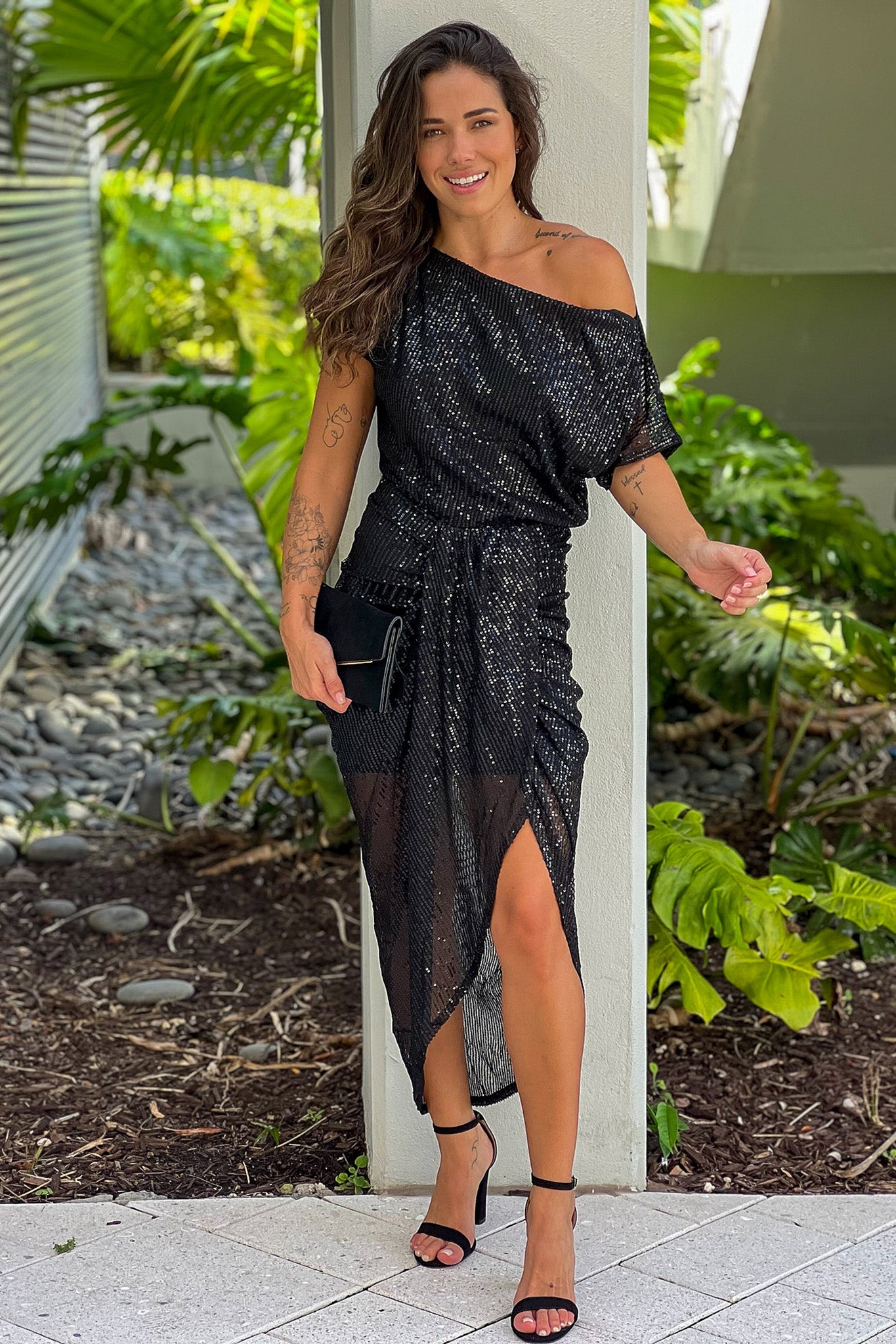 black one shoulder sequin dress