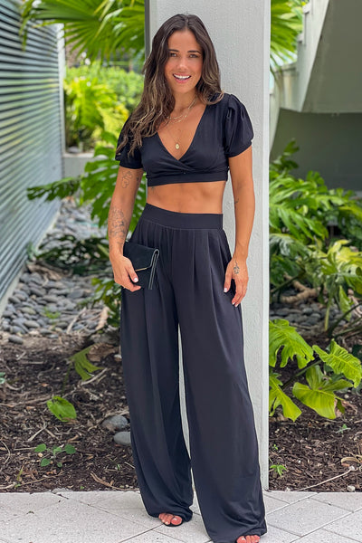 black pants and crop top set