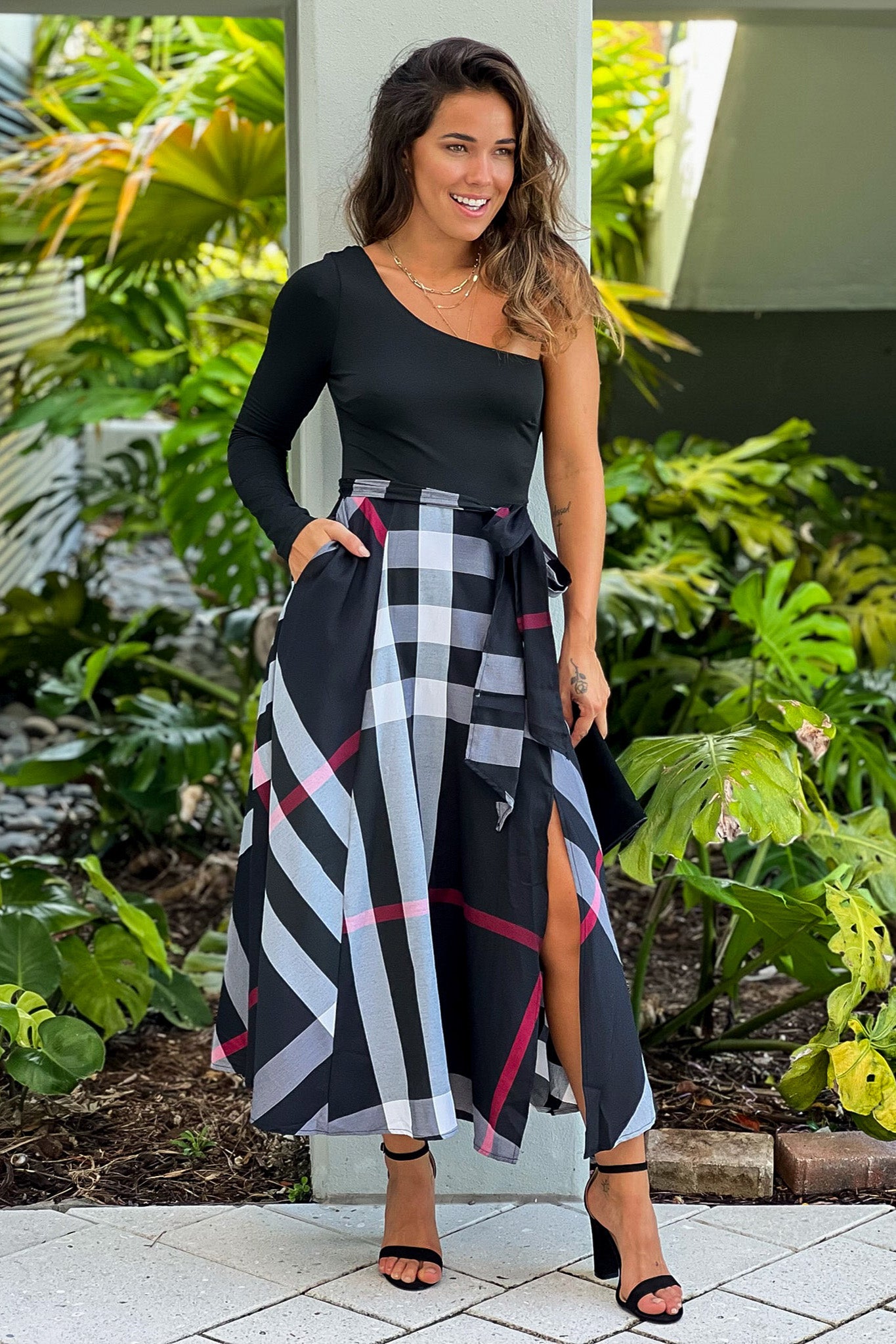 black plaid midi dress