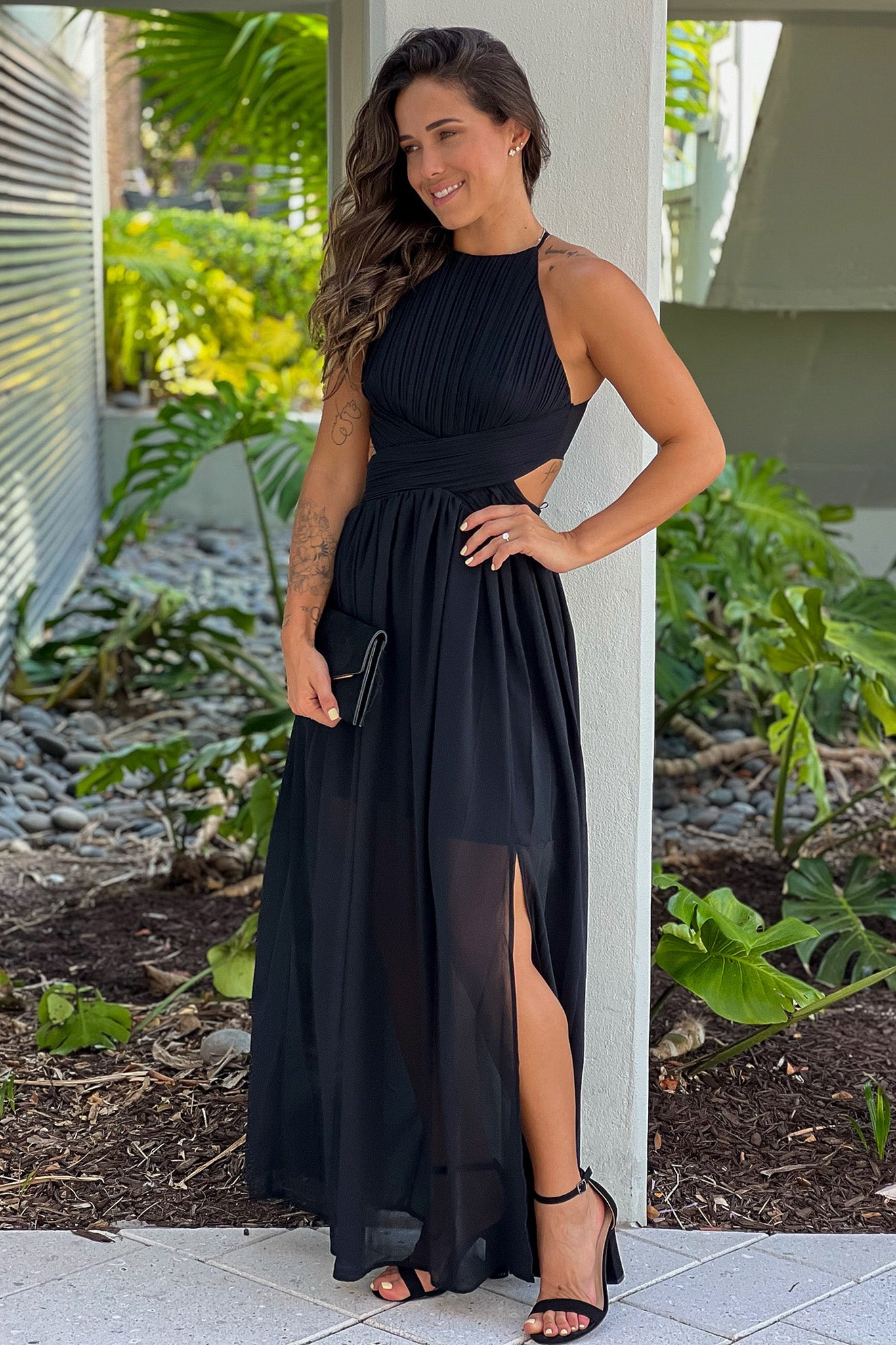 black pleated formal maxi dress