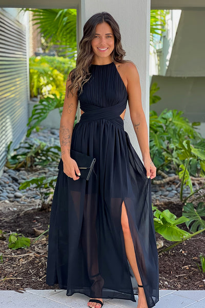 black pleated maxi dress